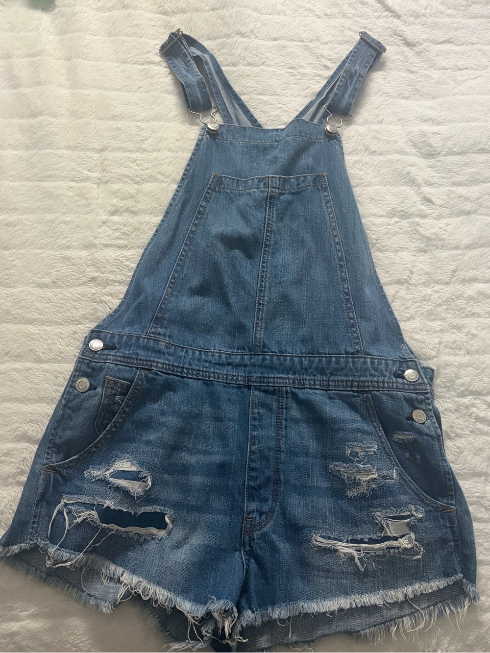 AE Denim Distressed Short Overalls